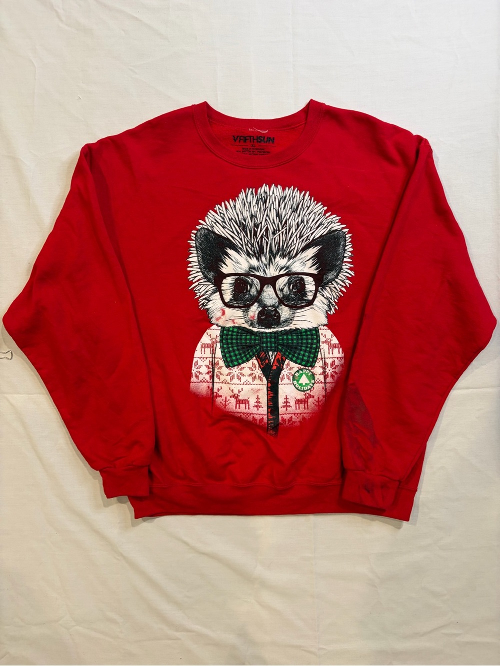 Fifth Sun Red Crewneck Sweater with Hedgehog Graphic and Green Bow Tie